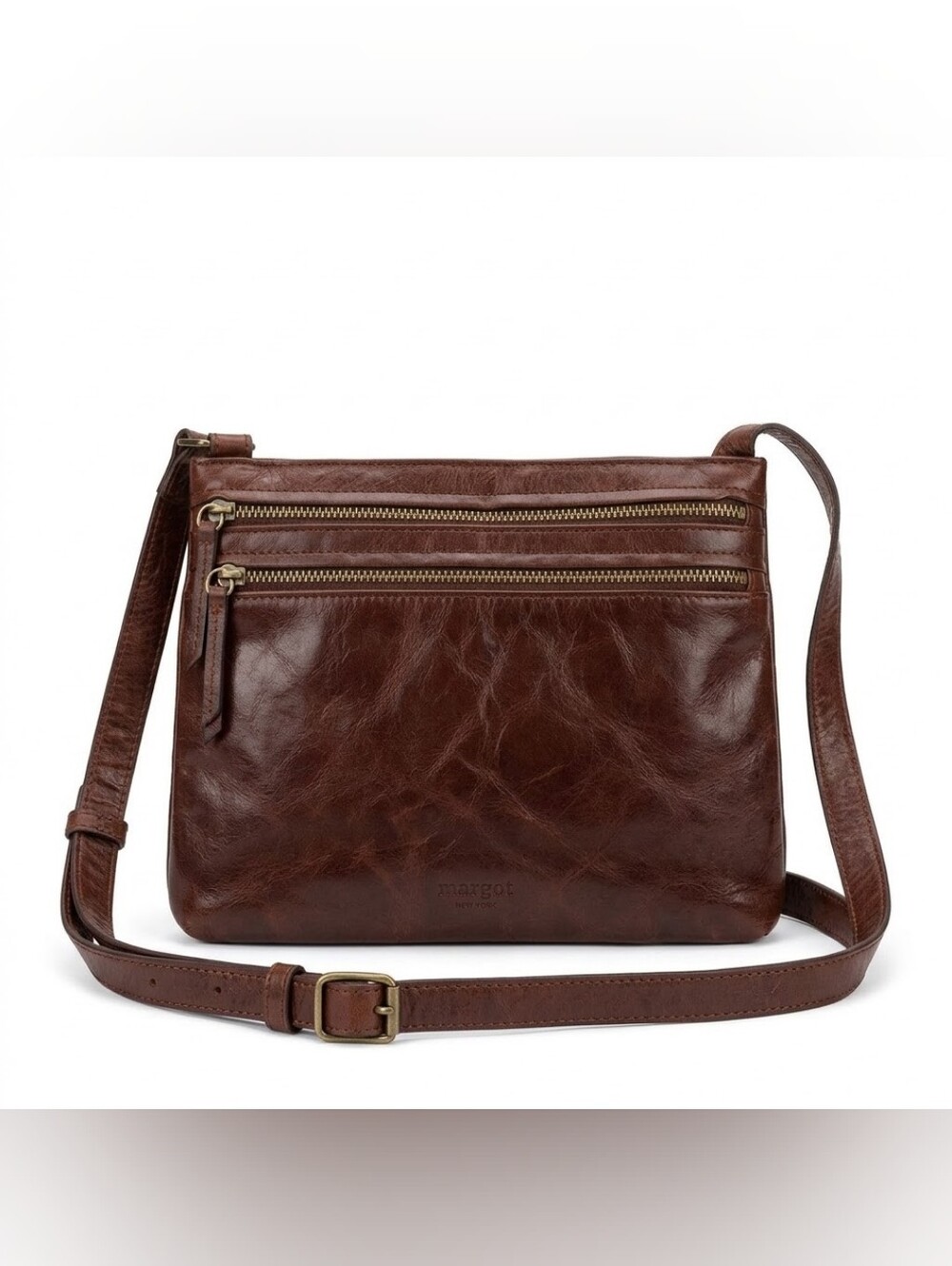 margot Brown Leather Crossbody Messenger Bag with Gold Zippers